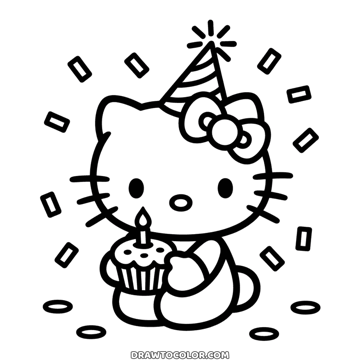 Printable Hello Kitty birthday drawing, a party hat and a cupcake with one candle among confetti