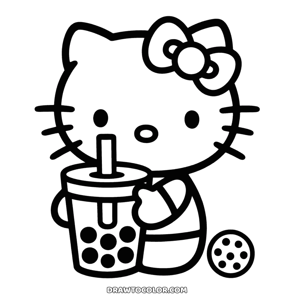 Hello Kitty con un grande bubble tea e un biscotto vicino, disegno facile da colorare