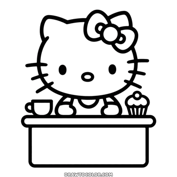 Hello Kitty behind a café counter with a cup on one side and a cupcake with a cherry on the other, to color
