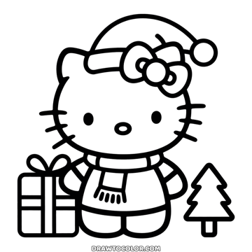 Christmas Hello Kitty in a Santa hat and scarf beside a gift and a small tree, a printable coloring page