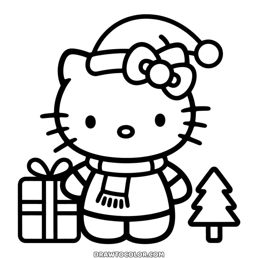 Hello Kitty a Natale col cappello e la sciarpa tra un regalo e un alberello, da colorare