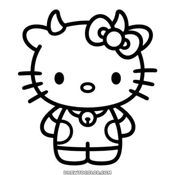 Cow costume Hello Kitty with two small horns and a bell at her collar, a printable drawing for kids