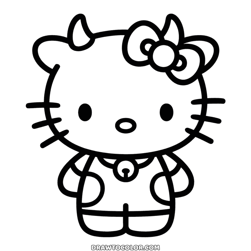 Cow costume Hello Kitty with two small horns and a bell at her collar, a printable drawing for kids