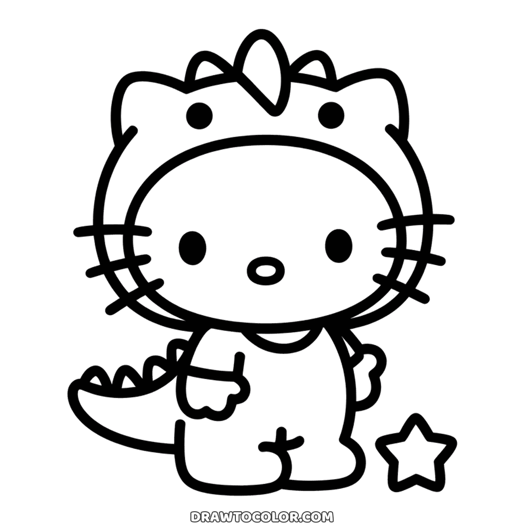 Hello Kitty nella tutina da dinosauro con le punte e la coda, divertente da colorare