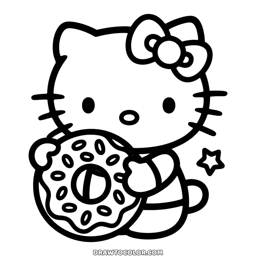 Hello Kitty hugging a giant donut covered in sprinkles, with a small star beside her, a drawing to color