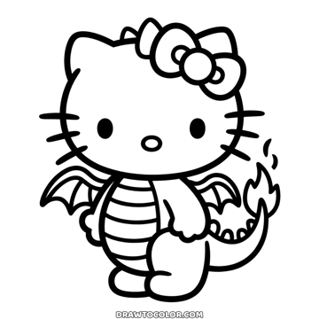 Hello Kitty in a dragon costume with small wings, a striped belly and a spiky tail tipped with a flame, to color