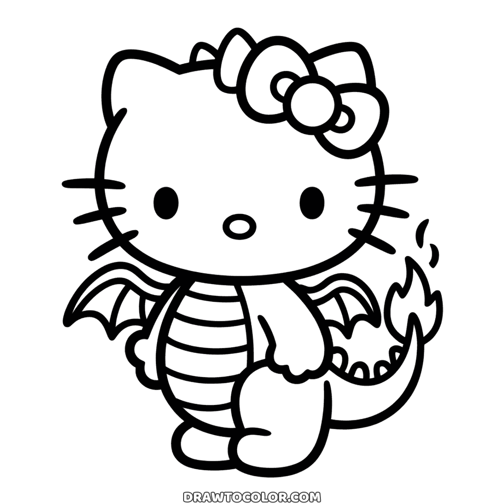 Hello Kitty in a dragon costume with small wings, a striped belly and a spiky tail tipped with a flame, to color