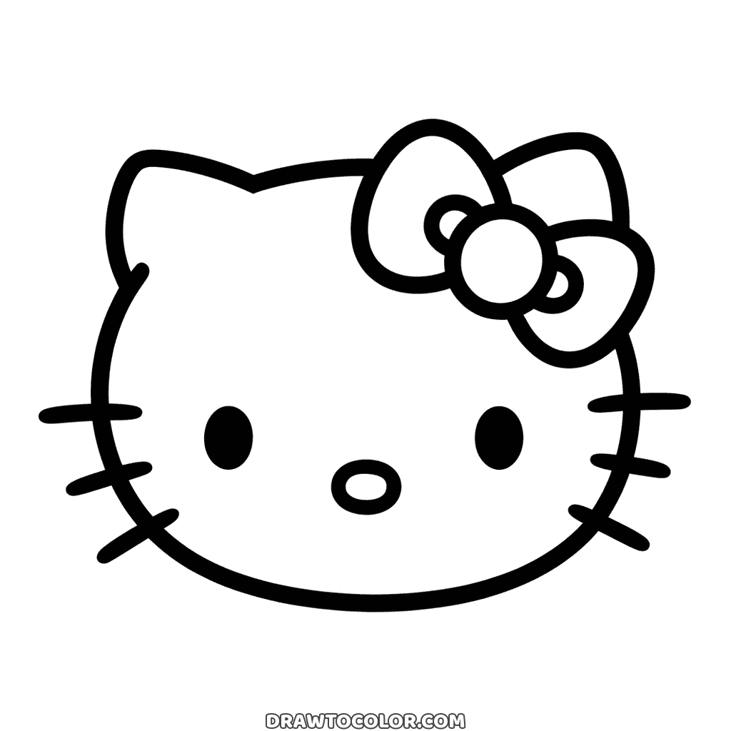 Musetto di Hello Kitty da colorare: testa tonda, occhi a puntino, baffi e grande fiocco