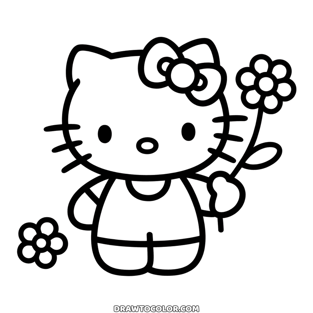 Hello Kitty debout qui tend une grande fleur à une feuille, une seconde fleur près d'elle, coloriage simple