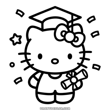 Hello Kitty in a graduation cap holding a rolled diploma tied with a ribbon, confetti around, to color