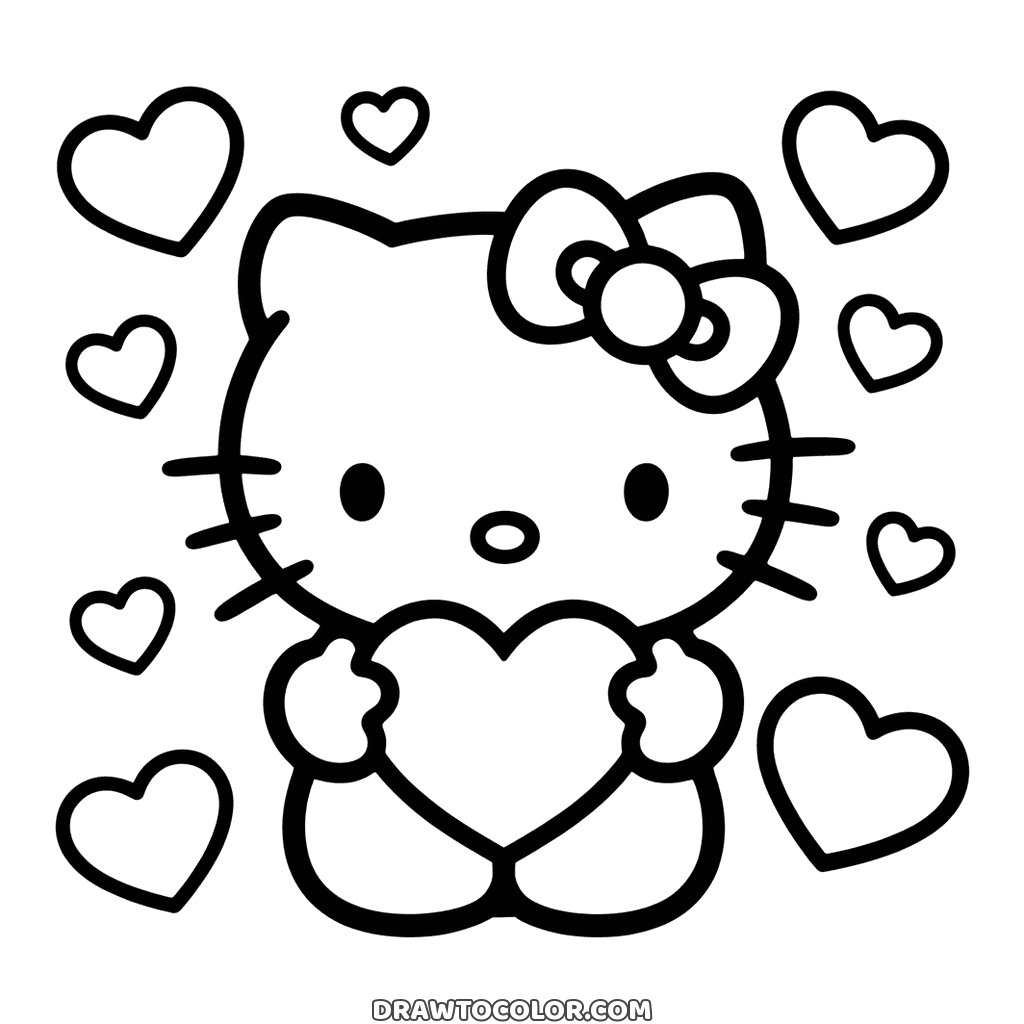 Tanti cuoricini intorno a Hello Kitty che stringe un grande cuore, disegno di San Valentino