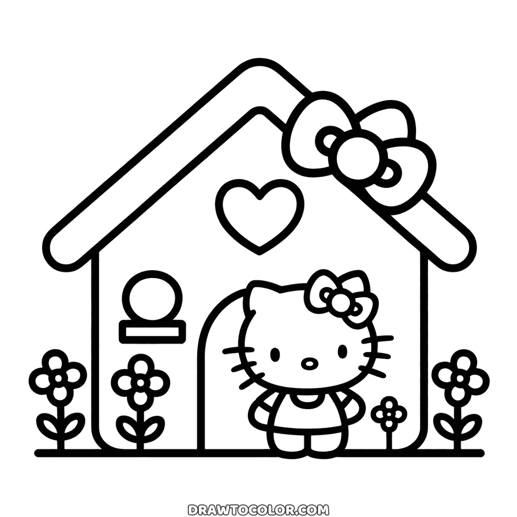 Casetta di Hello Kitty con un fiocco sul tetto e i fiori davanti, semplice da colorare