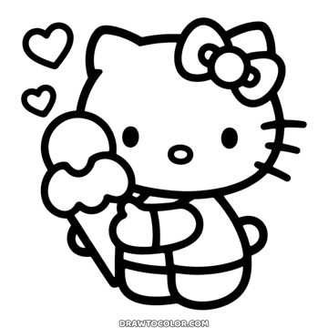 Hello Kitty holding a tall two-scoop ice cream cone with hearts around her, cute to color for kids