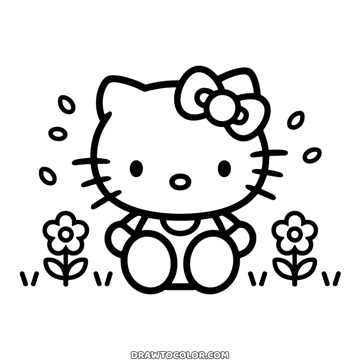 Hello Kitty tussen twee bloemen in het gras, met dwarrelende blaadjes, voor peuters om te kleuren