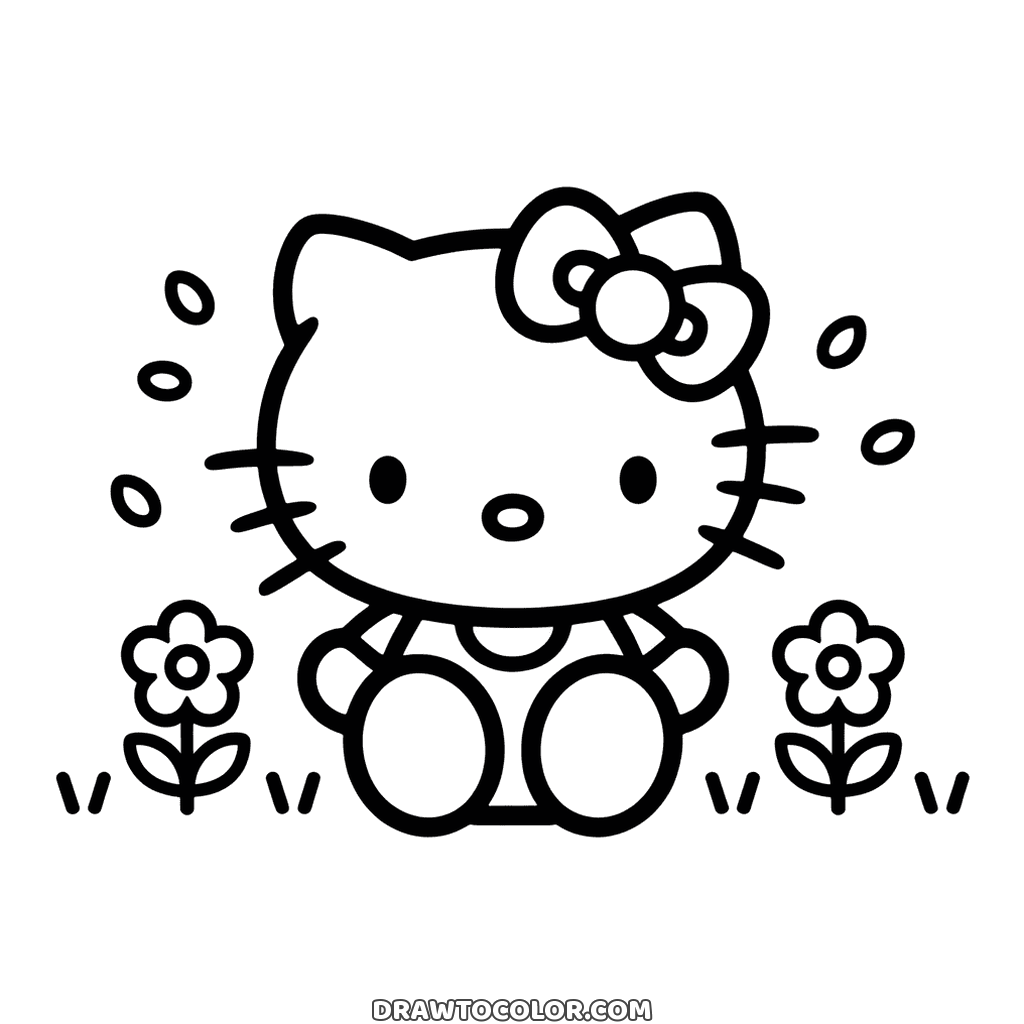 Hello Kitty en la hierba entre dos flores mientras caen pétalos, un dibujo fácil para colorear