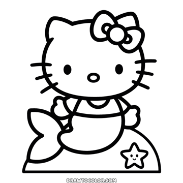 Mermaid Hello Kitty on a rock with her fish tail and a smiling starfish, an easy coloring page