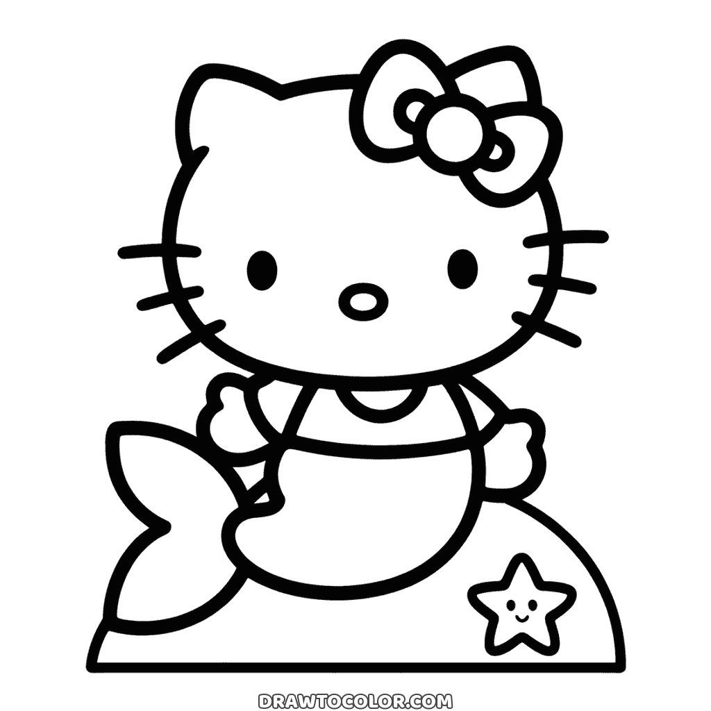 Hello Kitty sirena su uno scoglio con una stella marina che sorride, da colorare per bambini