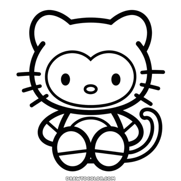 Hello Kitty sitting in a monkey costume hood with a curly tail, a very simple page to color