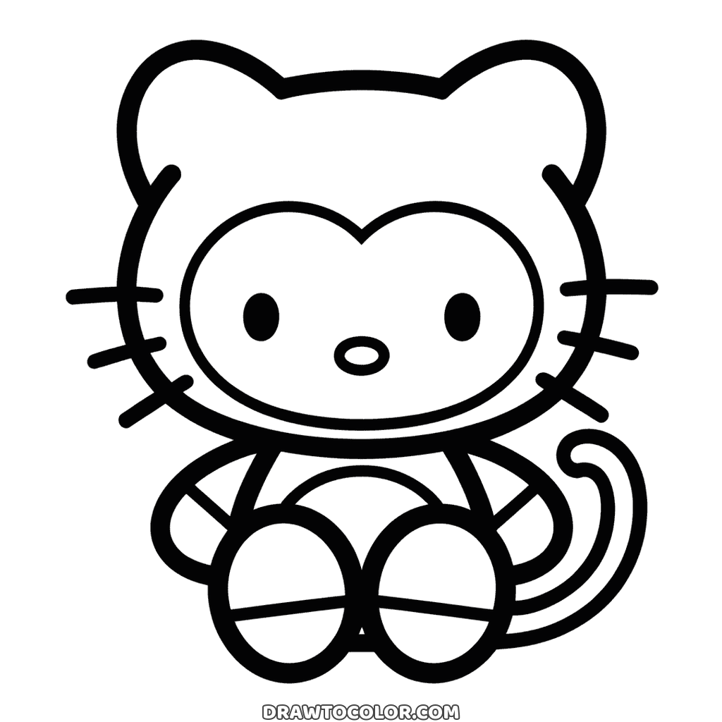 Hello Kitty sitting in a monkey costume hood with a curly tail, a very simple page to color