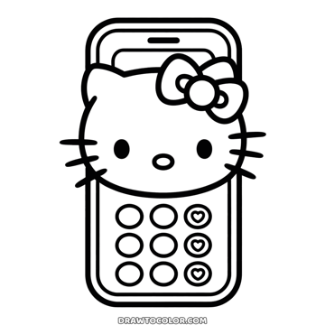 Hello Kitty toy phone with her face on top and nine round buttons, three with hearts, a page to color
