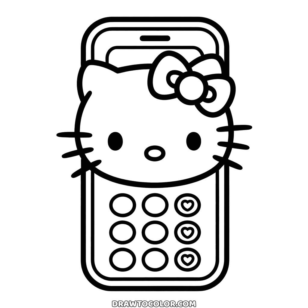 Hello Kitty toy phone with her face on top and nine round buttons, three with hearts, a page to color