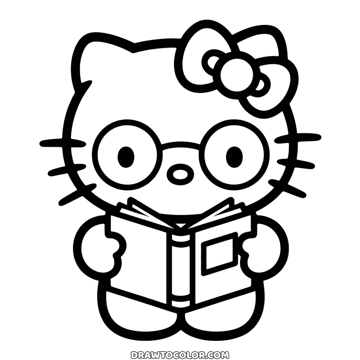 Hello Kitty in round glasses holding an open book in both paws, a back-to-school drawing to color