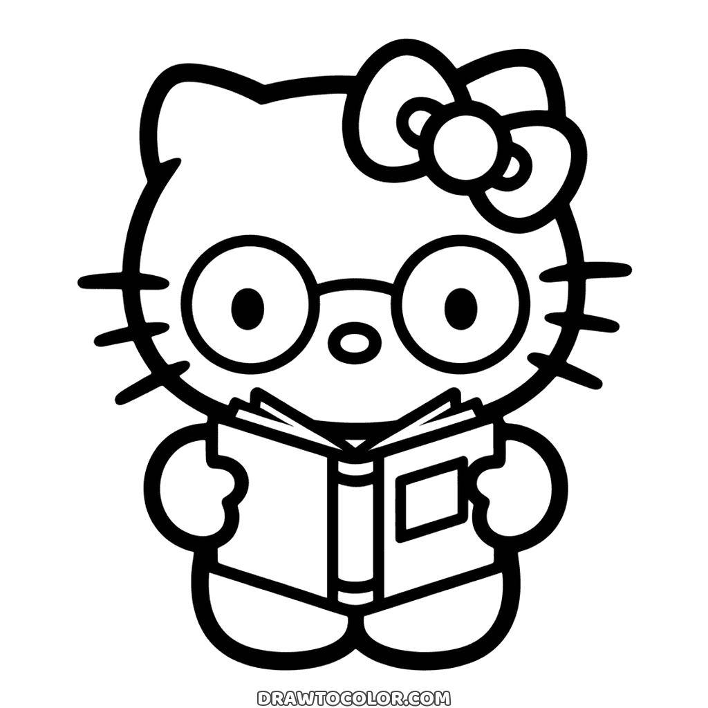 Hello Kitty in round glasses holding an open book in both paws, a back-to-school drawing to color