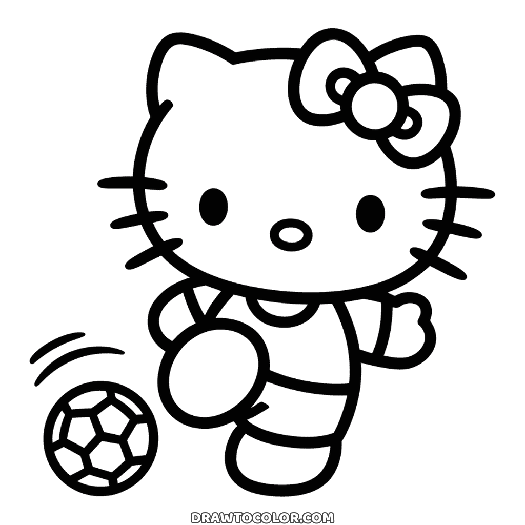 Hello Kitty calcia il pallone con un piede alzato, un disegno sportivo da colorare