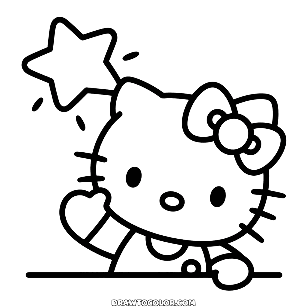 Hello Kitty peeking over a ledge and waving with a big shining star above her, a simple page to color