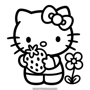 Hello Kitty holding a big seeded strawberry near her face, a flower growing beside her, a page to color