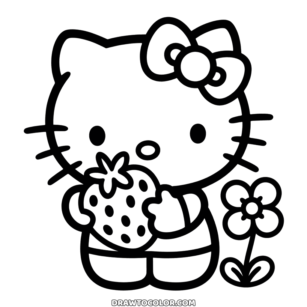 Hello Kitty segurando um morango grande com sementinhas perto do rosto e uma flor ao lado, para imprimir