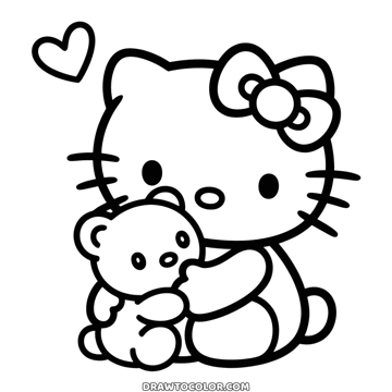 Hello Kitty hugging a small teddy bear tight under a heart, a sweet and easy drawing to color