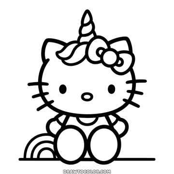 Unicorn Hello Kitty coloring sheet: a spiral horn, a curl of mane and a small rainbow behind her