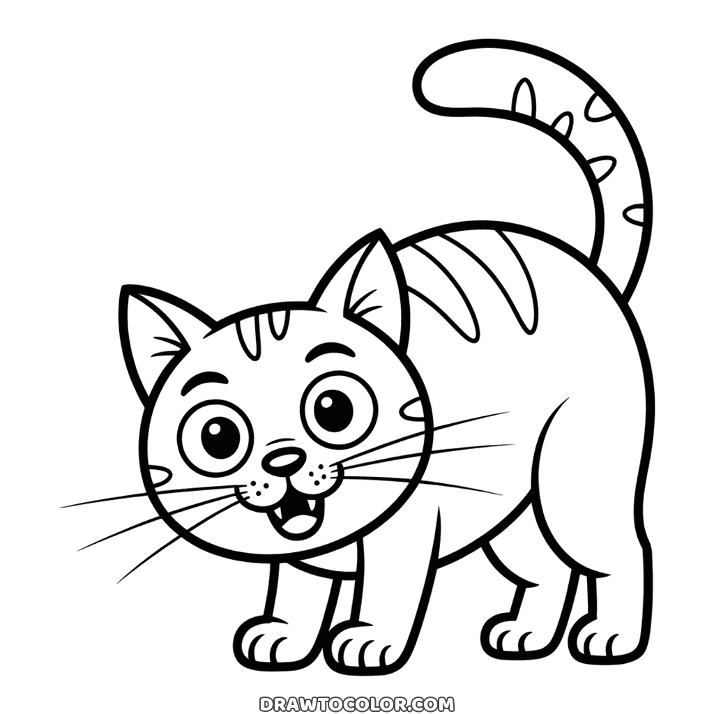 Hissing tabby cat with an arched back, fangs showing and tail raised, a Halloween picture to color