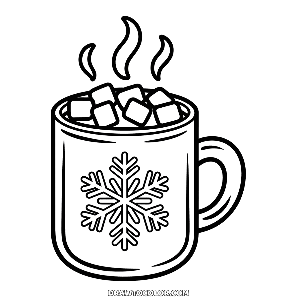 Taza de chocolate caliente con malvaviscos y un copo de nieve, dibujo de invierno gratis