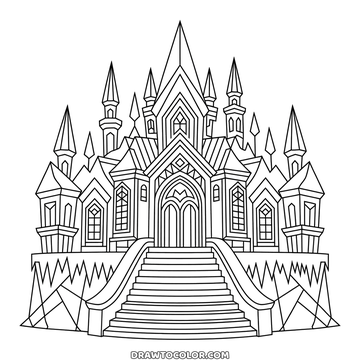 Detailed winter ice castle with sharp spires, arched windows, a grand staircase and icicle walls to color