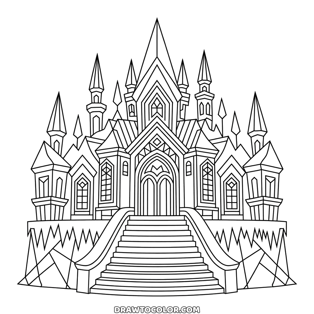 Detailed winter ice castle with sharp spires, arched windows, a grand staircase and icicle walls to color