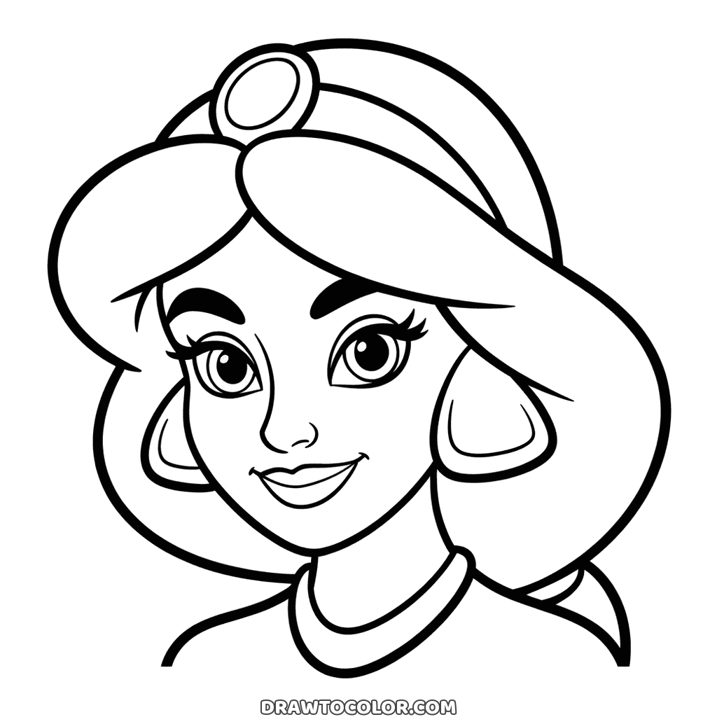 Princess Jasmine face with a jewel on her headband, large eyes and big hoop earrings, printable for kids