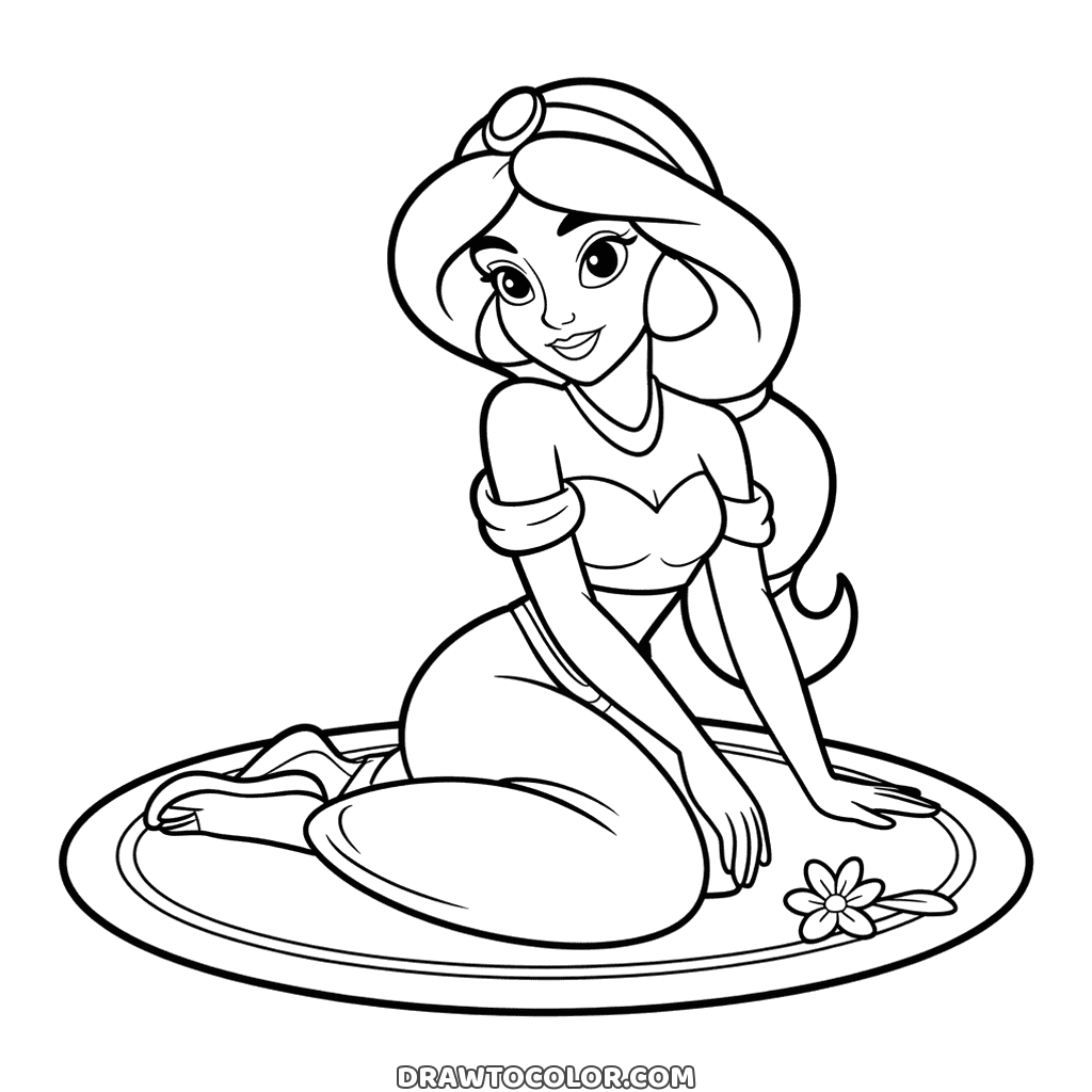 To color: Jasmine kneeling on a round rug beside a fallen flower, her long ponytail curling behind