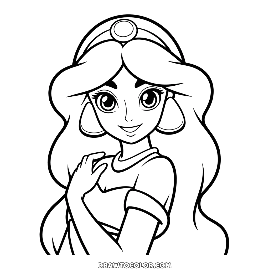 Portrait of Jasmine with large earrings, a jeweled headband and her hand on her shoulder, a coloring sheet