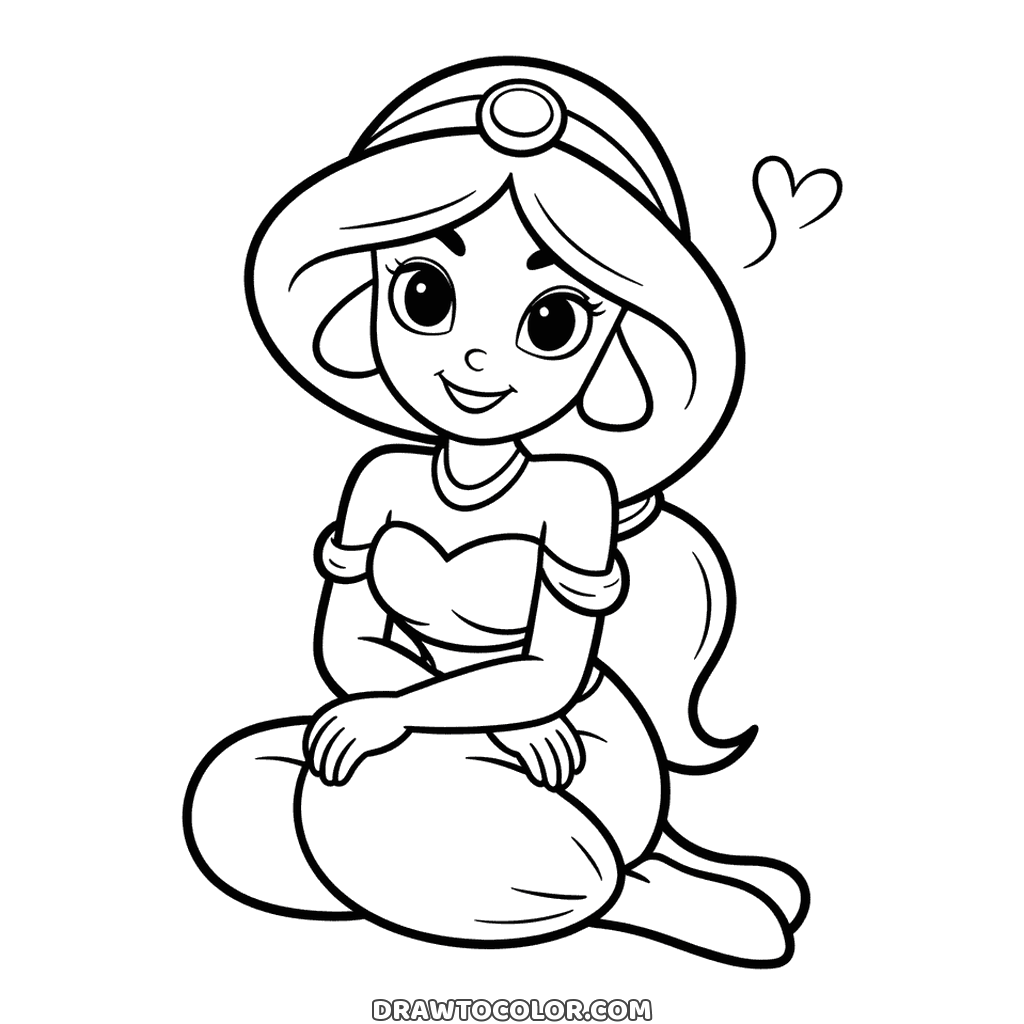 Jasmine kneeling with her hands on her lap, an easy drawing with a small heart and her long ponytail