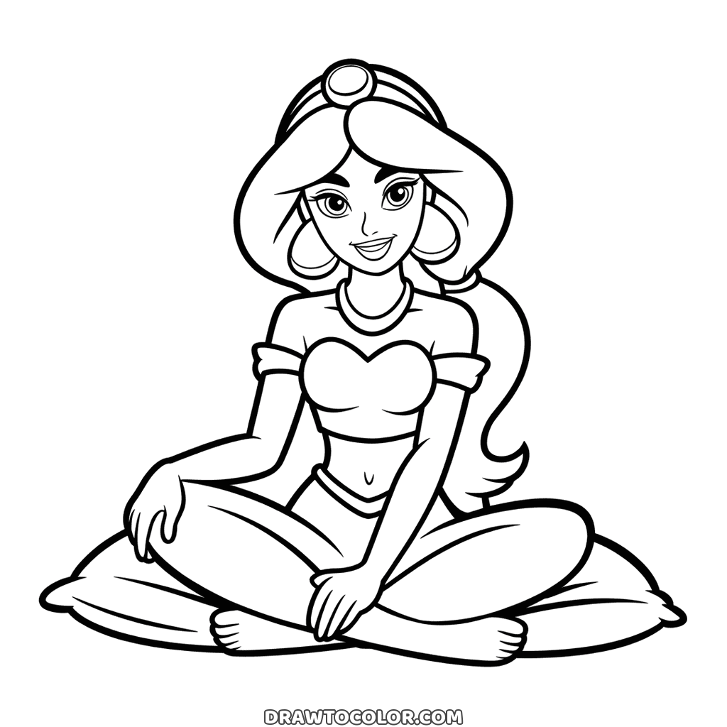 Jasmine cross-legged on a plump cushion, a coloring page with her crop top, necklace and long ponytail