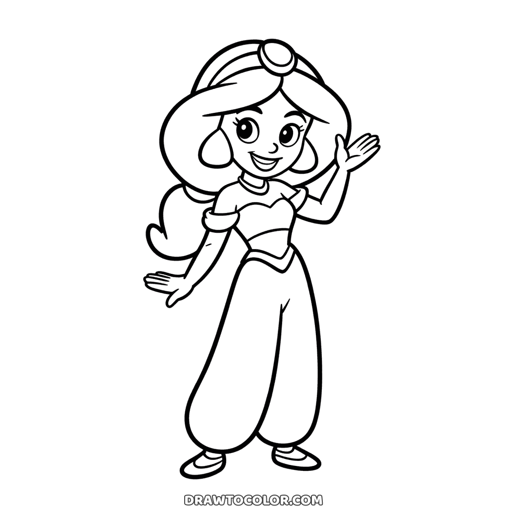 Aladdin's Jasmine waving hello in her crop top and puffy pants, a drawing to color with a big grin