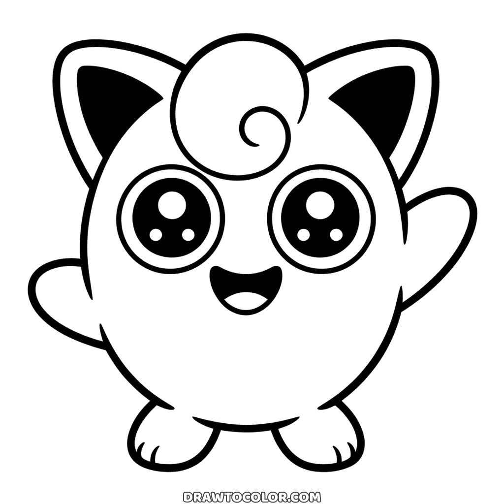Jigglypuff feliz con ojos enormes, un rizo en la frente y los brazos arriba, un Pokémon fácil de colorear