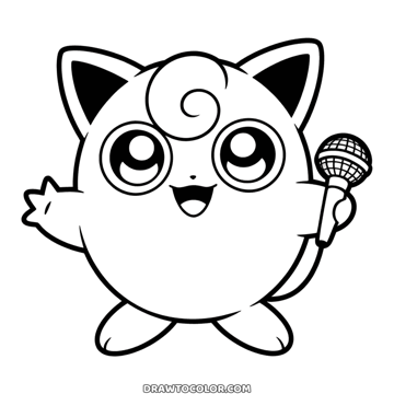 Jigglypuff Pokémon waving one paw and holding a microphone, ready to sing, an easy round drawing to color