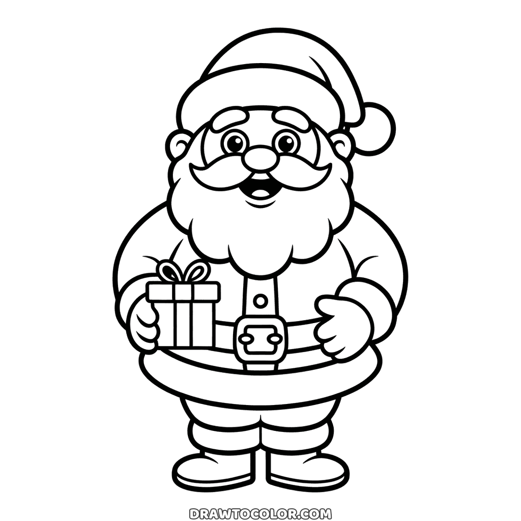 Jolly Santa coloring page for Christmas, a small gift in one glove and a beard that covers his chest
