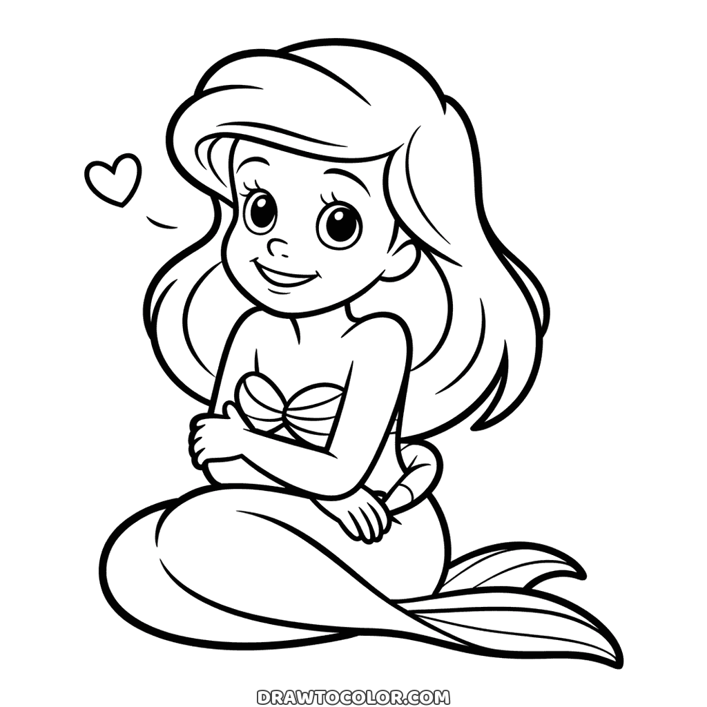 Kawaii Ariel to color, hugging herself on her curled tail with a shy smile and a little heart nearby