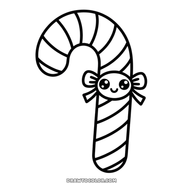 Sucre d'orge de Noël kawaii à colorier, de larges rayures et un minuscule visage souriant sur son nœud