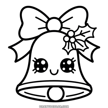 Coloriage cloche de Noël kawaii aux yeux pailletés et au sourire, sous un gros nœud et du houx