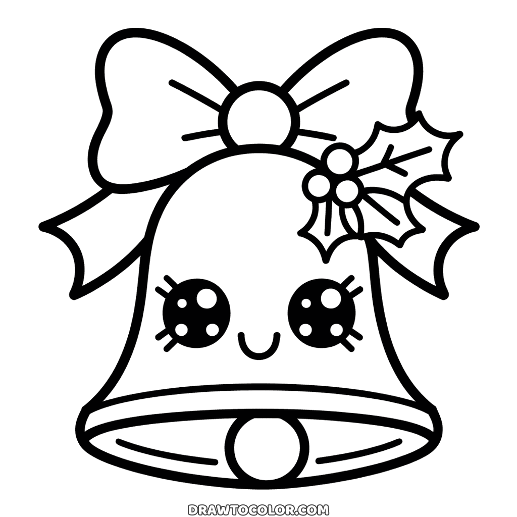 Campana di Natale kawaii con gli occhi luccicanti e un grande fiocco, facile da colorare